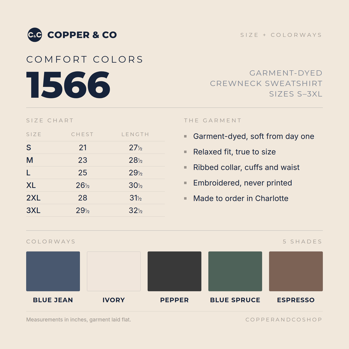 Comfort Colors 1566 crewneck size chart with the five colors: Blue Jean, Ivory, Pepper, Blue Spruce, Espresso