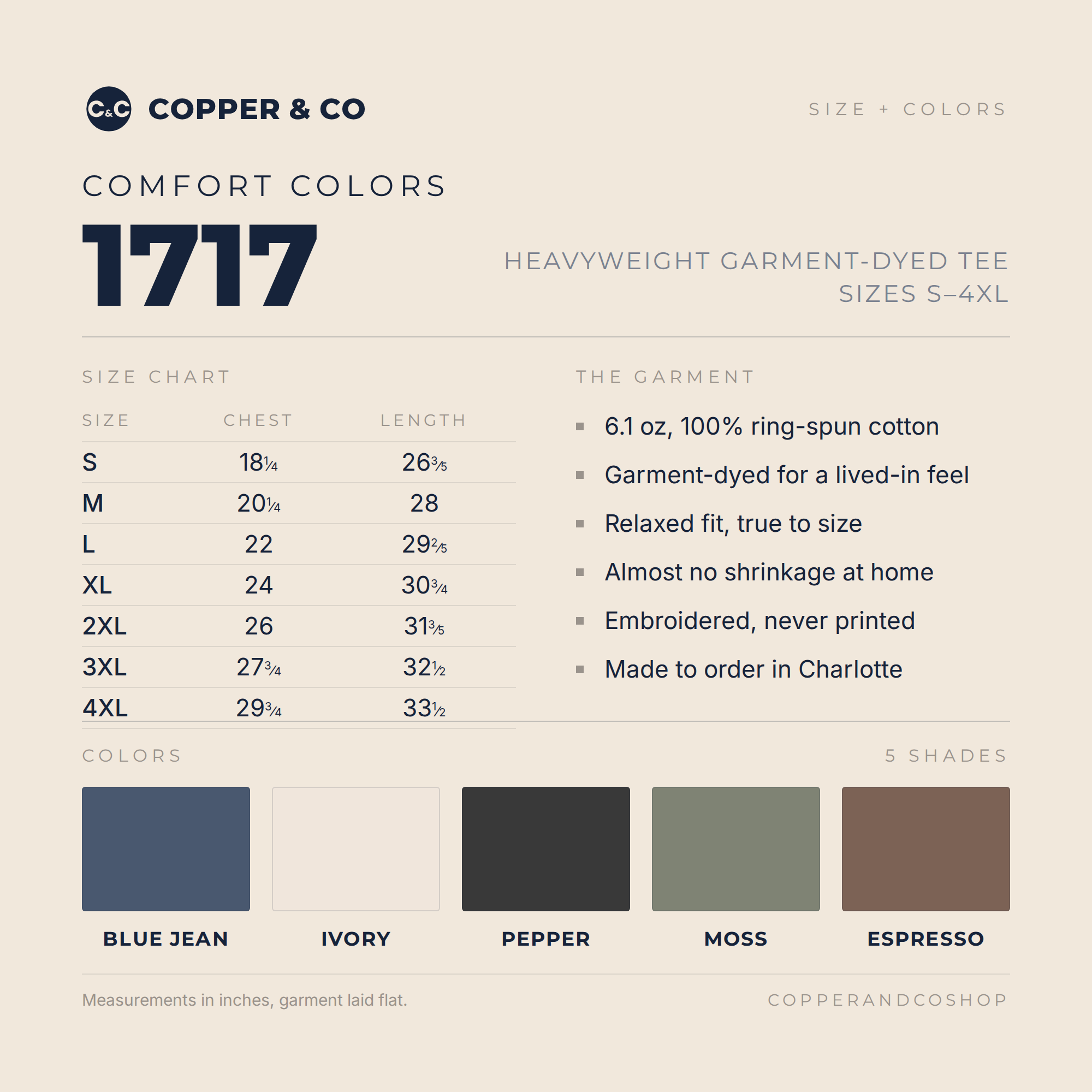 Comfort Colors 1717 tee size chart, sizes S to 4XL, with the five colors: Blue Jean, Ivory, Pepper, Moss, Espresso