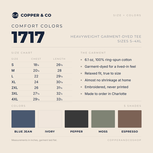 Comfort Colors 1717 tee size chart, sizes S to 4XL, with the five colors: Blue Jean, Ivory, Pepper, Moss, Espresso