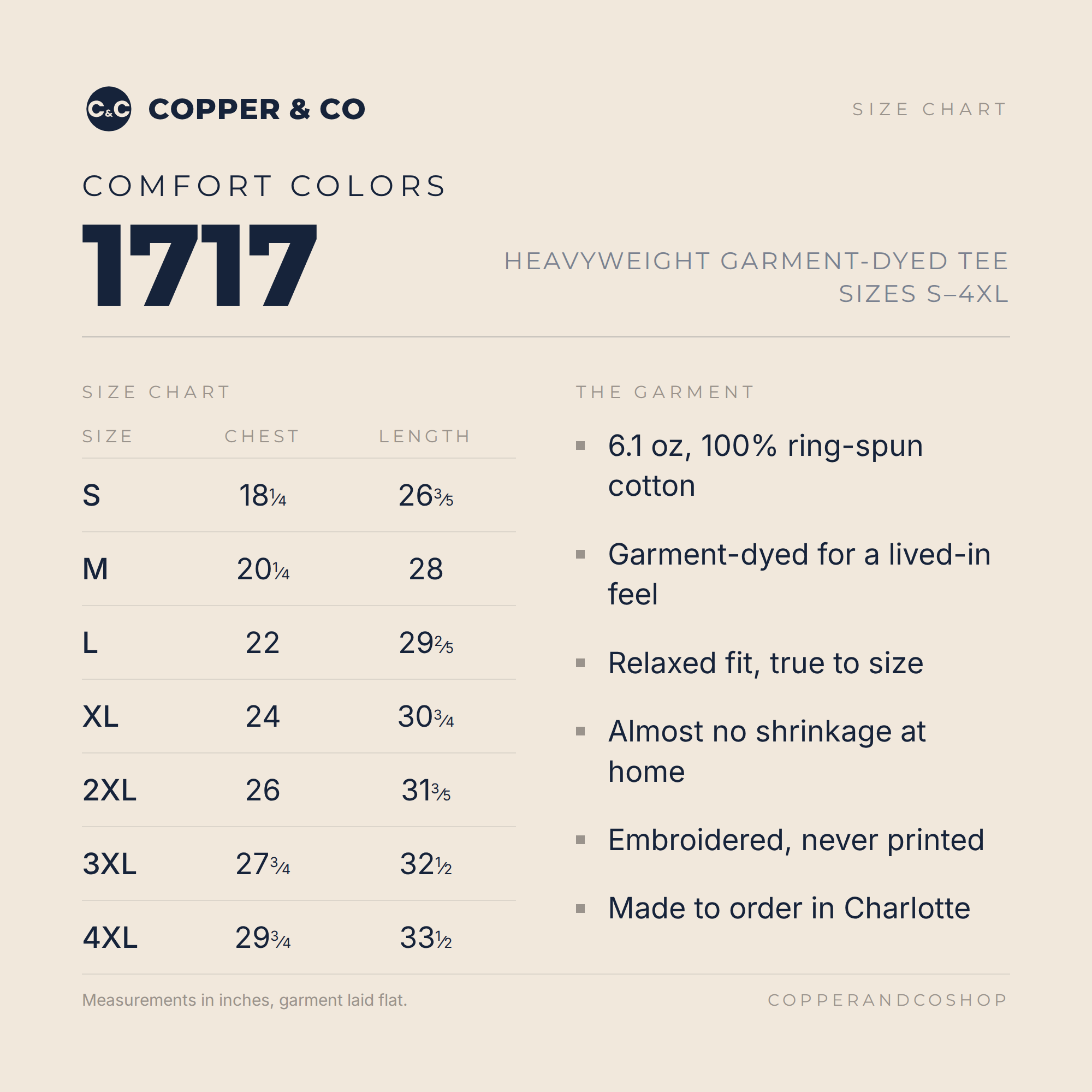 Comfort Colors 1717 tee size chart, sizes S to 4XL, with chest and length measurements