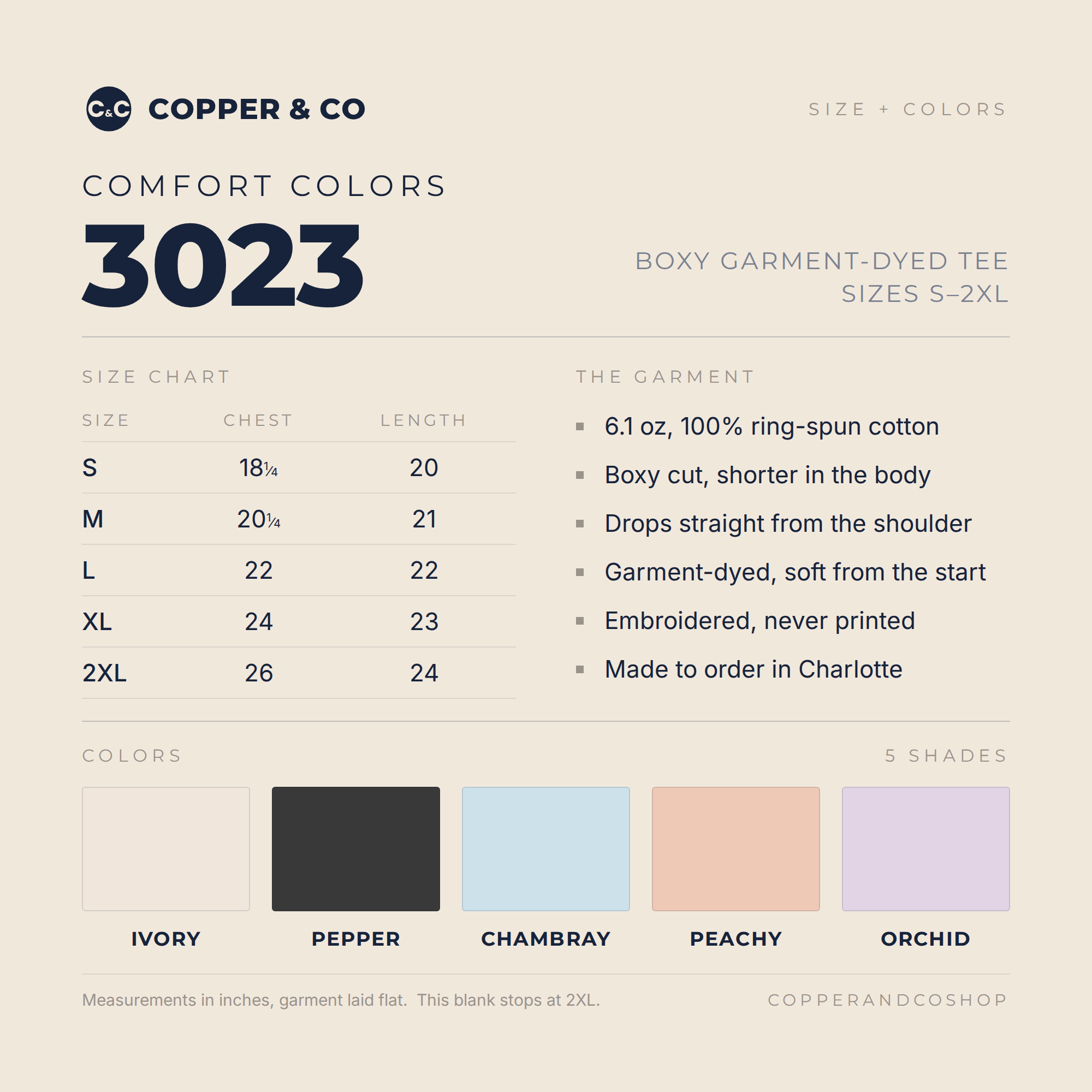 Comfort Colors 3023 boxy tee size chart, sizes S to 2XL, with the five colors: Ivory, Pepper, Chambray, Peachy, Orchid