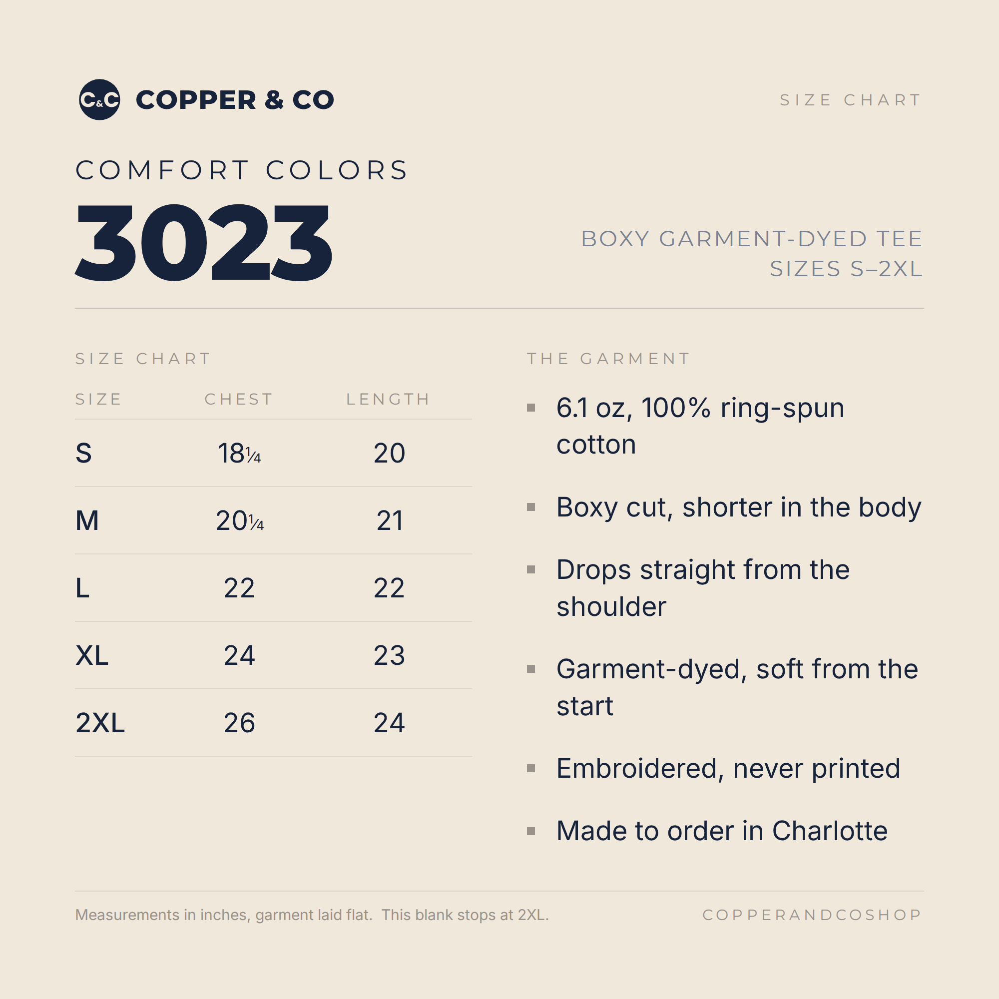 Comfort Colors 3023 boxy tee size chart, sizes S to 2XL, with chest and length measurements