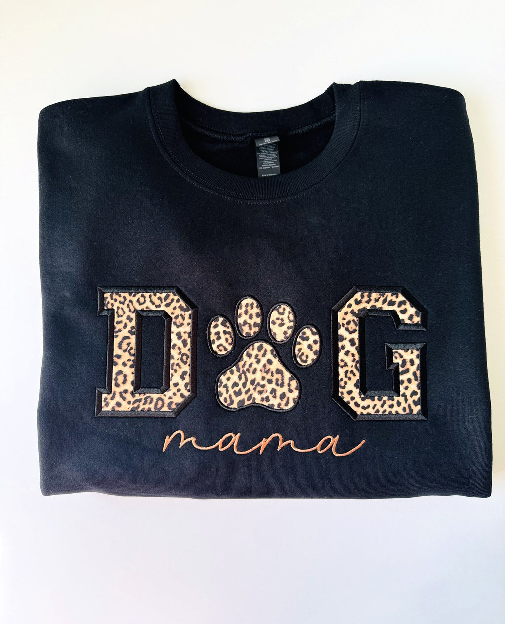 Dog Mama appliqué crewneck in Black with leopard fabric letters and copper script mama