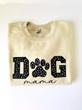 Dog Mama appliqué crewneck in Sand with paw print fabric letters and black script mama