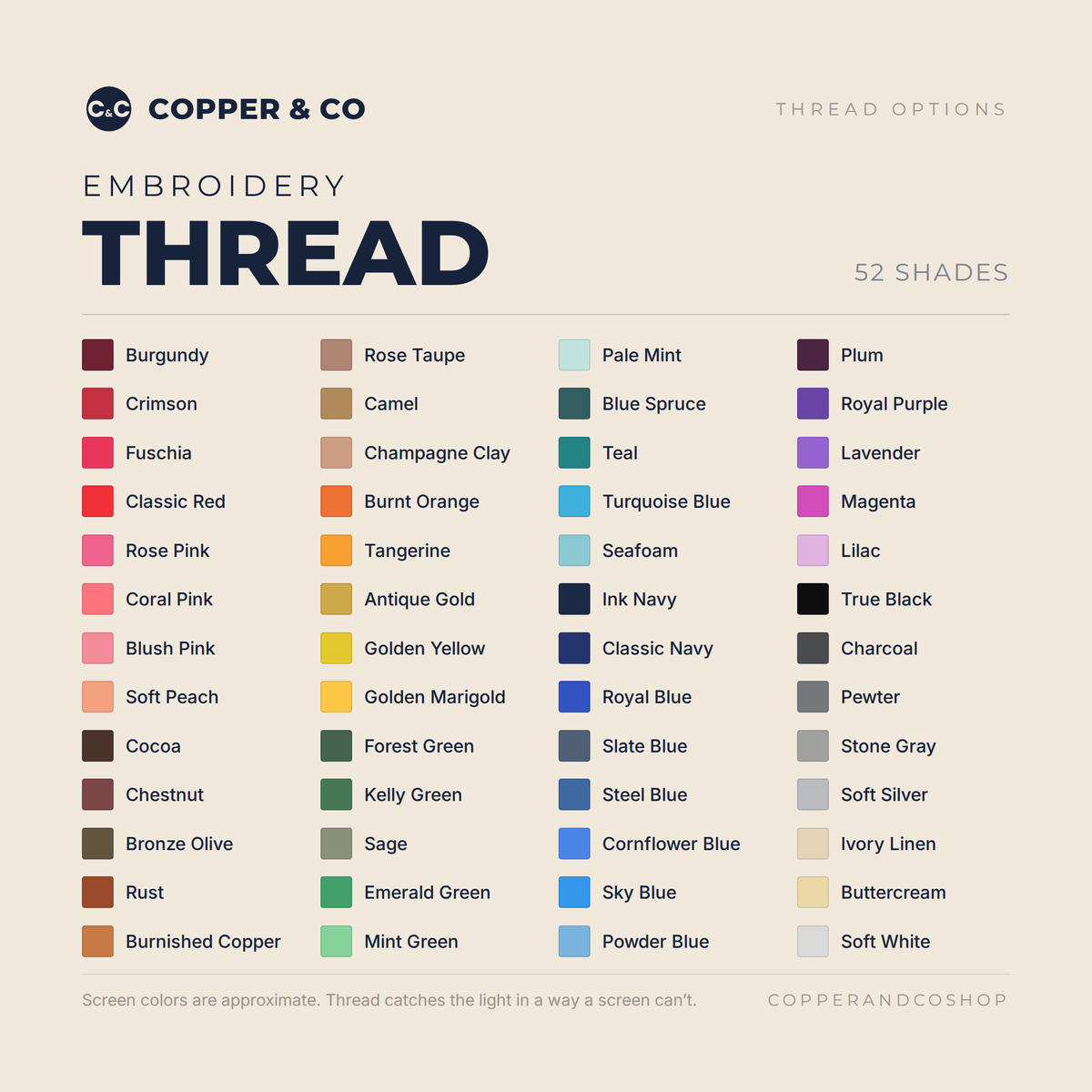 Copper & Co embroidery thread color chart showing every thread shade you can choose