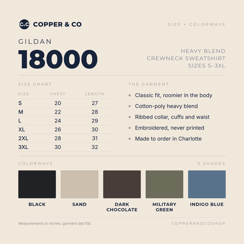 Gildan 18000 crewneck size chart with the five colors: Black, Sand, Dark Chocolate, Military Green, Indigo Blue