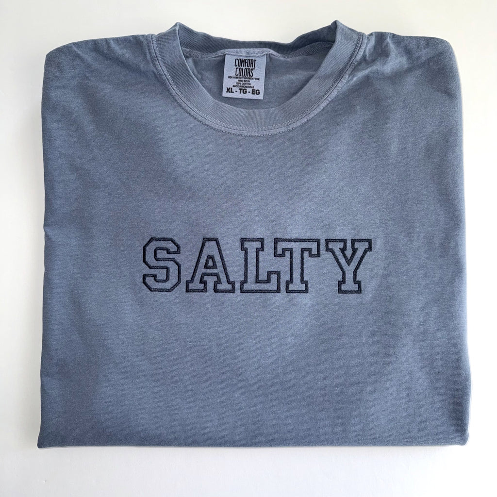 Salty embroidered tee in Blue Jean with navy outline lettering