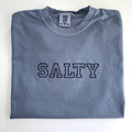 Salty embroidered tee in Blue Jean with navy outline lettering