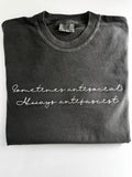 "Sometimes antisocial, always antifascist" embroidered tee in Pepper, folded flat with the collar showing