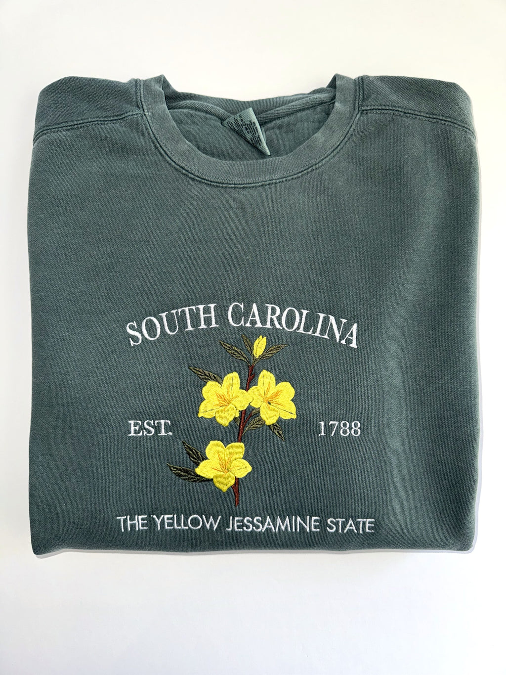South Carolina Yellow Jessamine embroidered crewneck in Blue Spruce